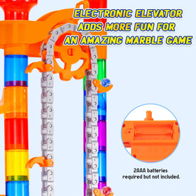 Meland glow-in-the-dark marbles illuminate the track for nighttime play.