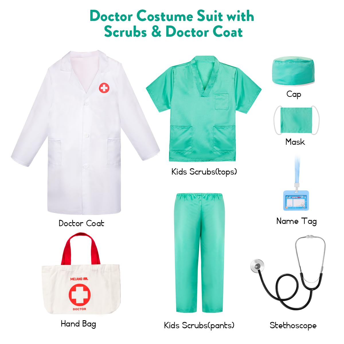 Meland kids scrubs top and pants set for comfortable pretend play.