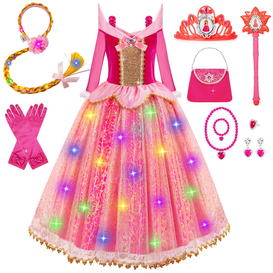 Meland light-up princess dress pink front view highlighting glow
