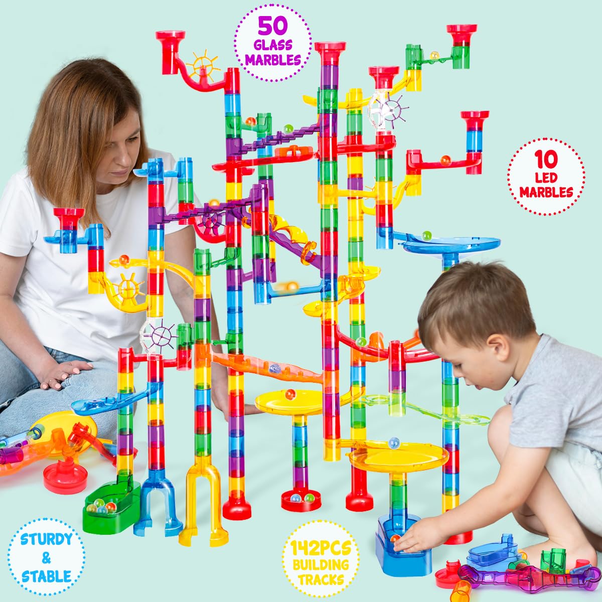 Meland Marble Run LED glass marbles glow during play.
