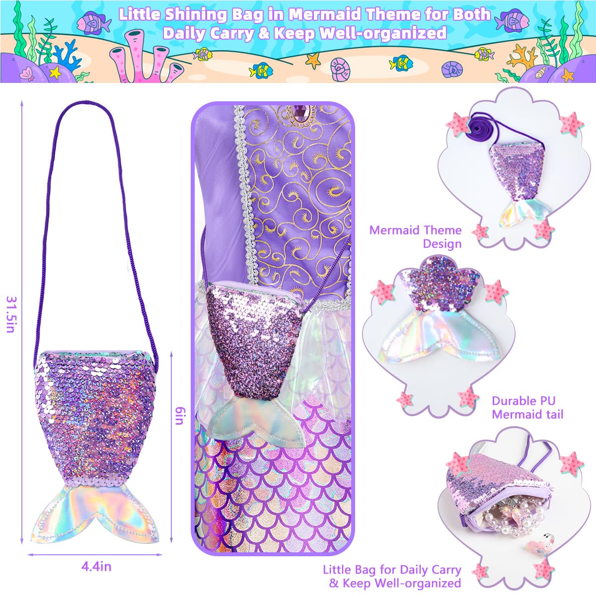 Meland mermaid accessories bag, necklace, and jewelry for the complete look.