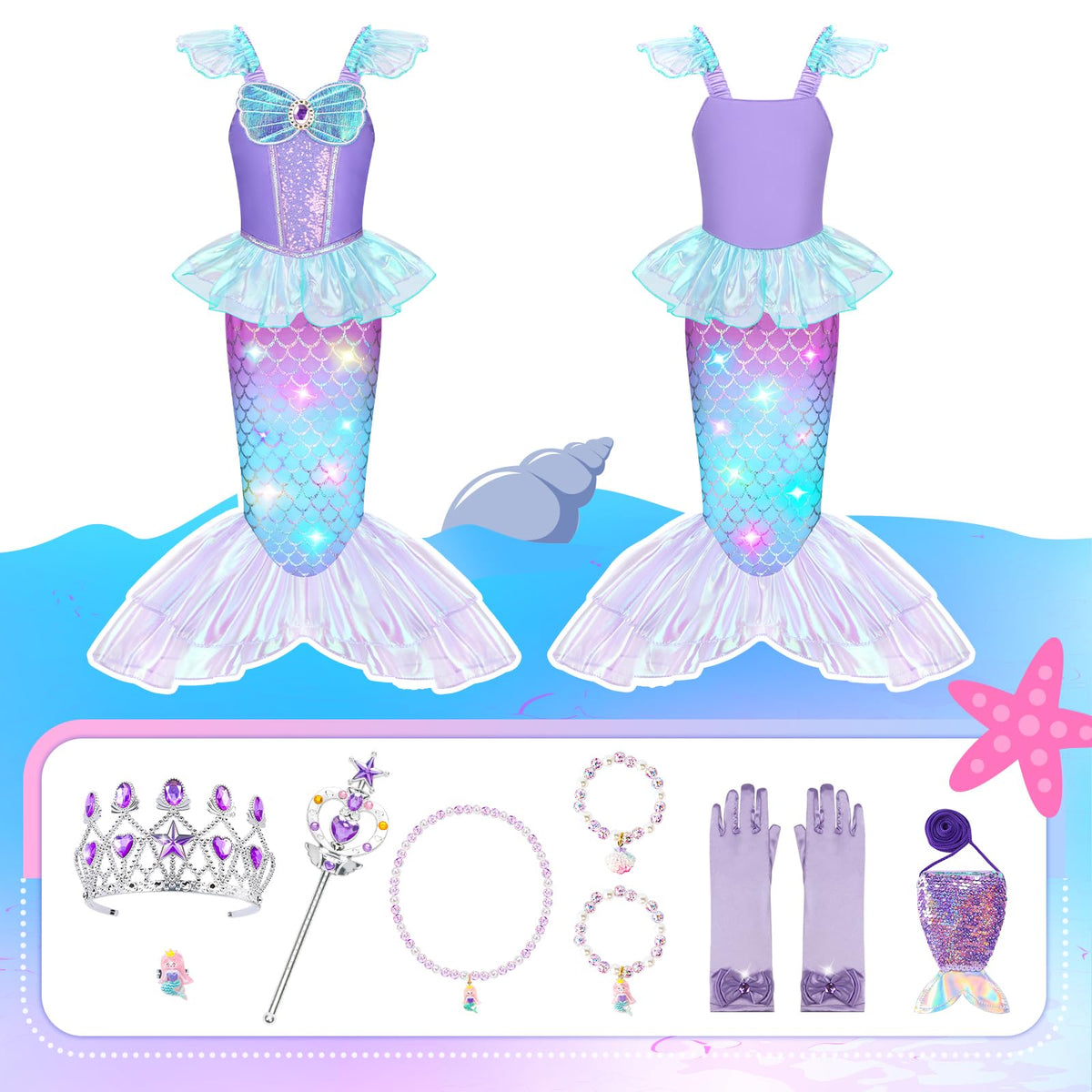 Meland Mermaid Costume tulle tail-skirt creates graceful mermaid silhouette.