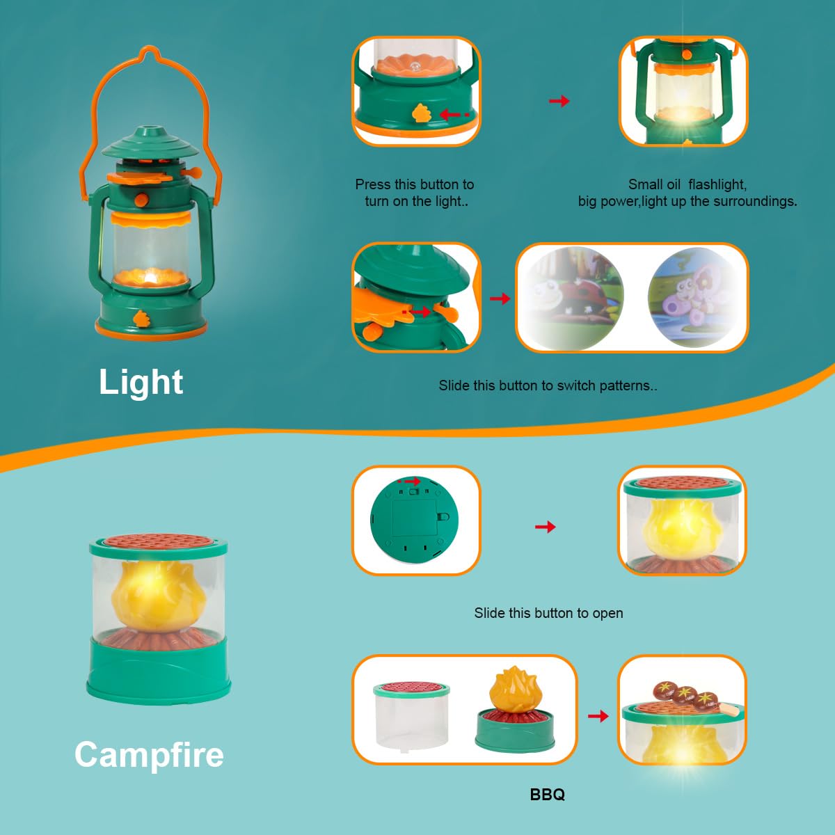 Meland oil lamp lighting up pretend campsite with warm glow.