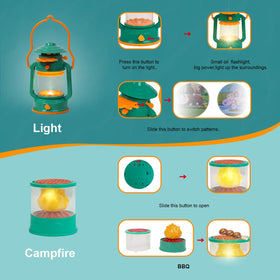 Meland oil lamp lighting up pretend campsite with warm glow.