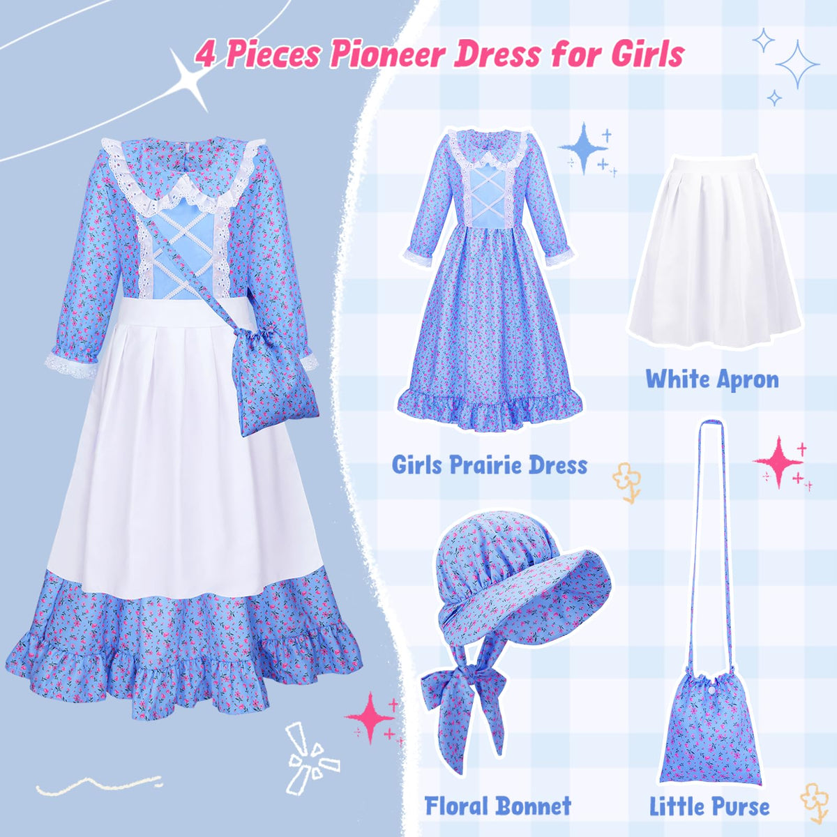 Meland Pioneer Dress Blue bonnet detail highlighting authentic headwear