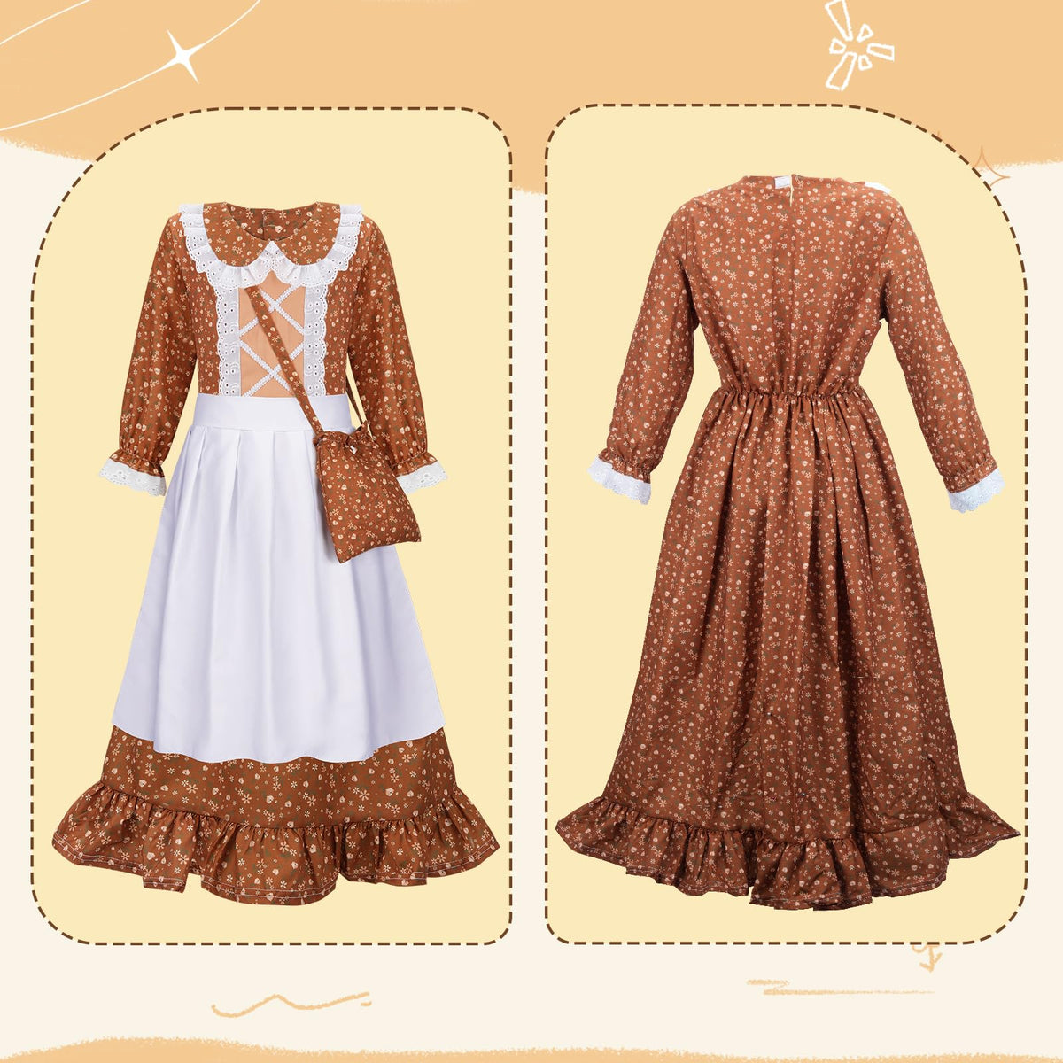 Meland Pioneer dress brown back view, full silhouette for spirited reenactments.