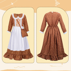Meland Pioneer dress brown back view, full silhouette for spirited reenactments.