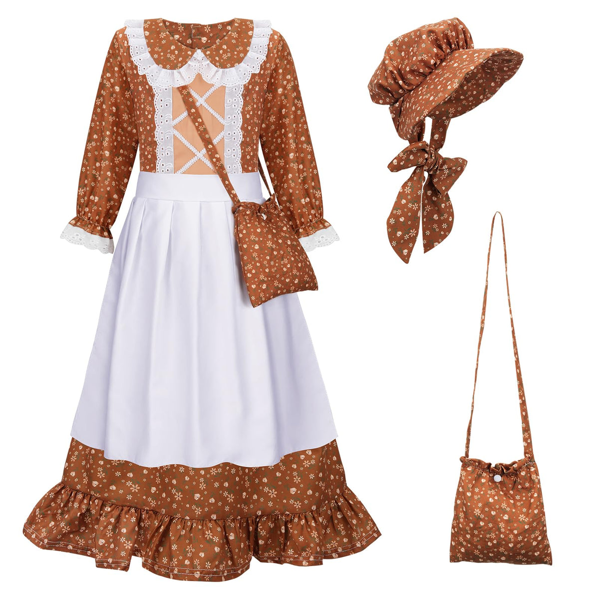 Meland Pioneer dress brown front view, comfortable vintage-inspired children's costume for daily play.