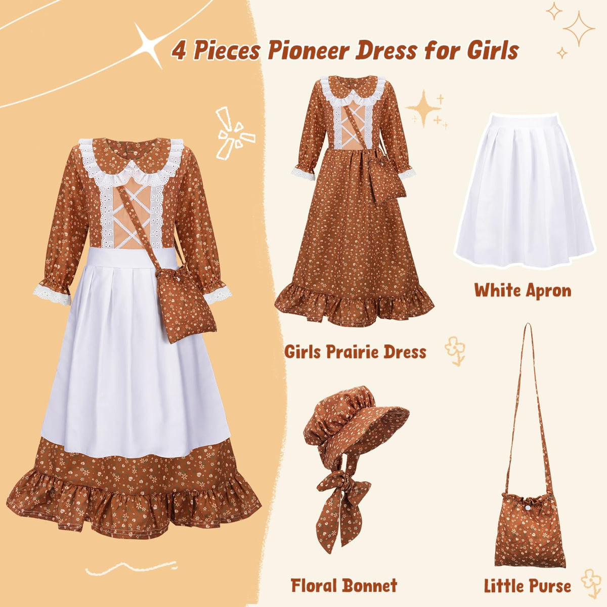 Meland Pioneer dress brown lace collar detail, adds refined vintage charm to dress-up.