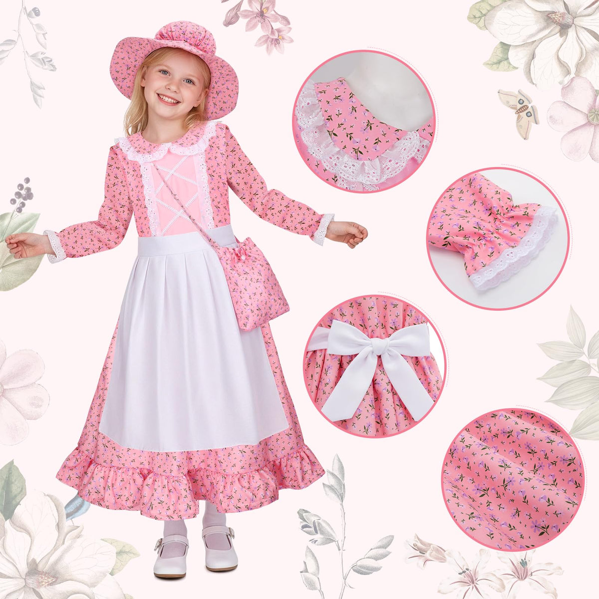 Meland Pioneer dress pink with purse completes a full costume for photos