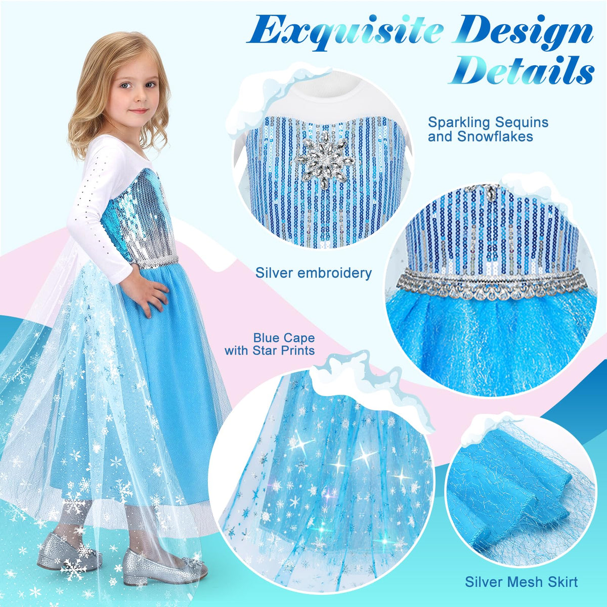 Meland dress with sequined snow patterns for pretend winter scenes