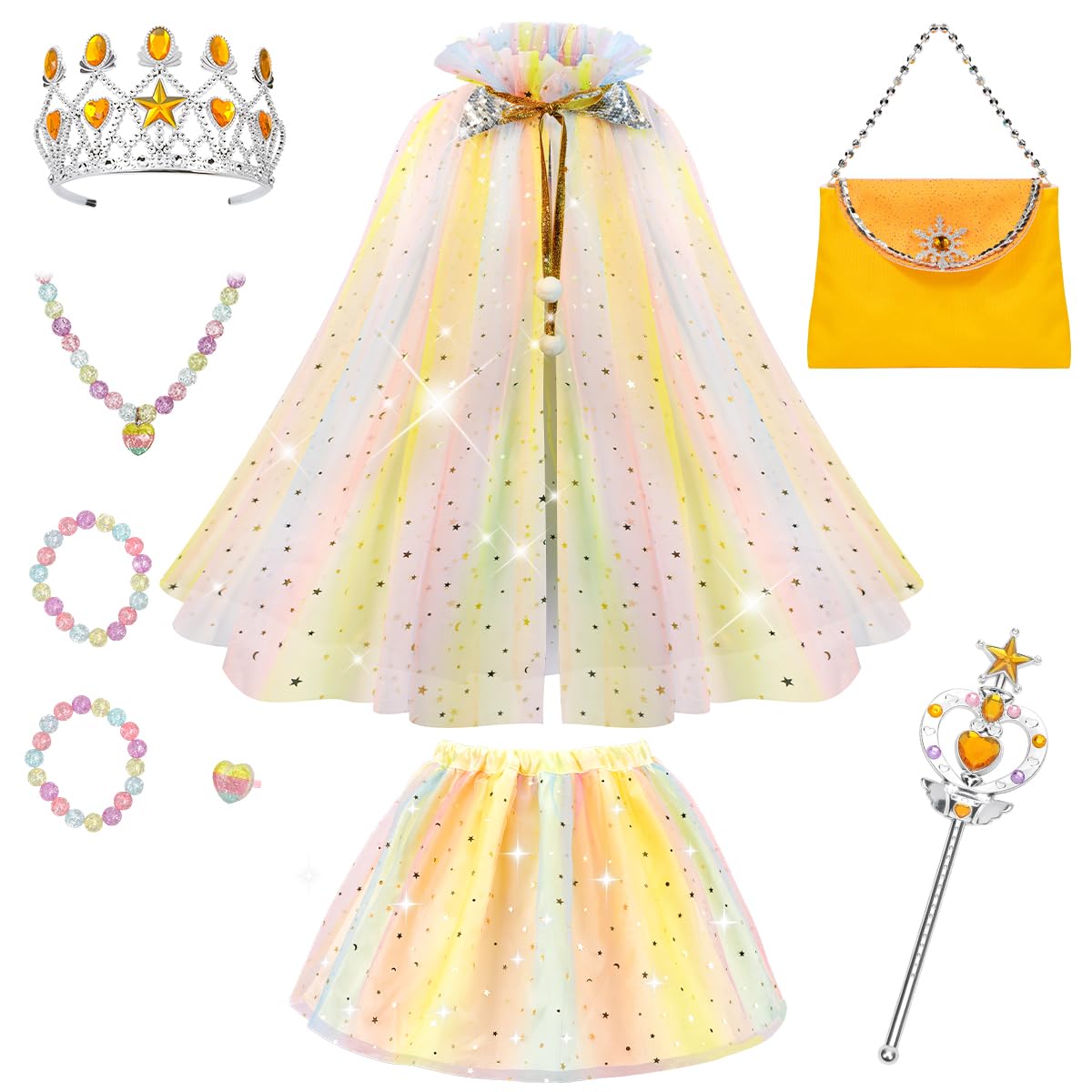 Meland princess cape with glitter rainbow enhances pretend play for little girls.