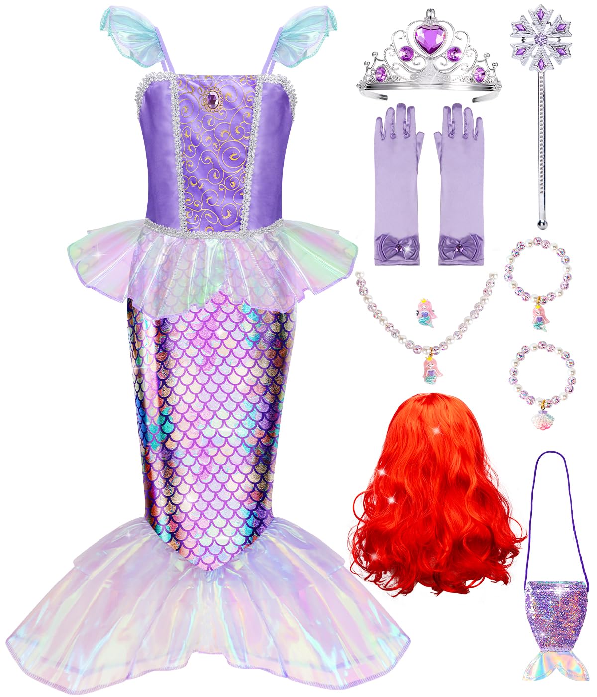 Meland Princess Mermaid outfit with wig for imaginative play and fantasy dress-up