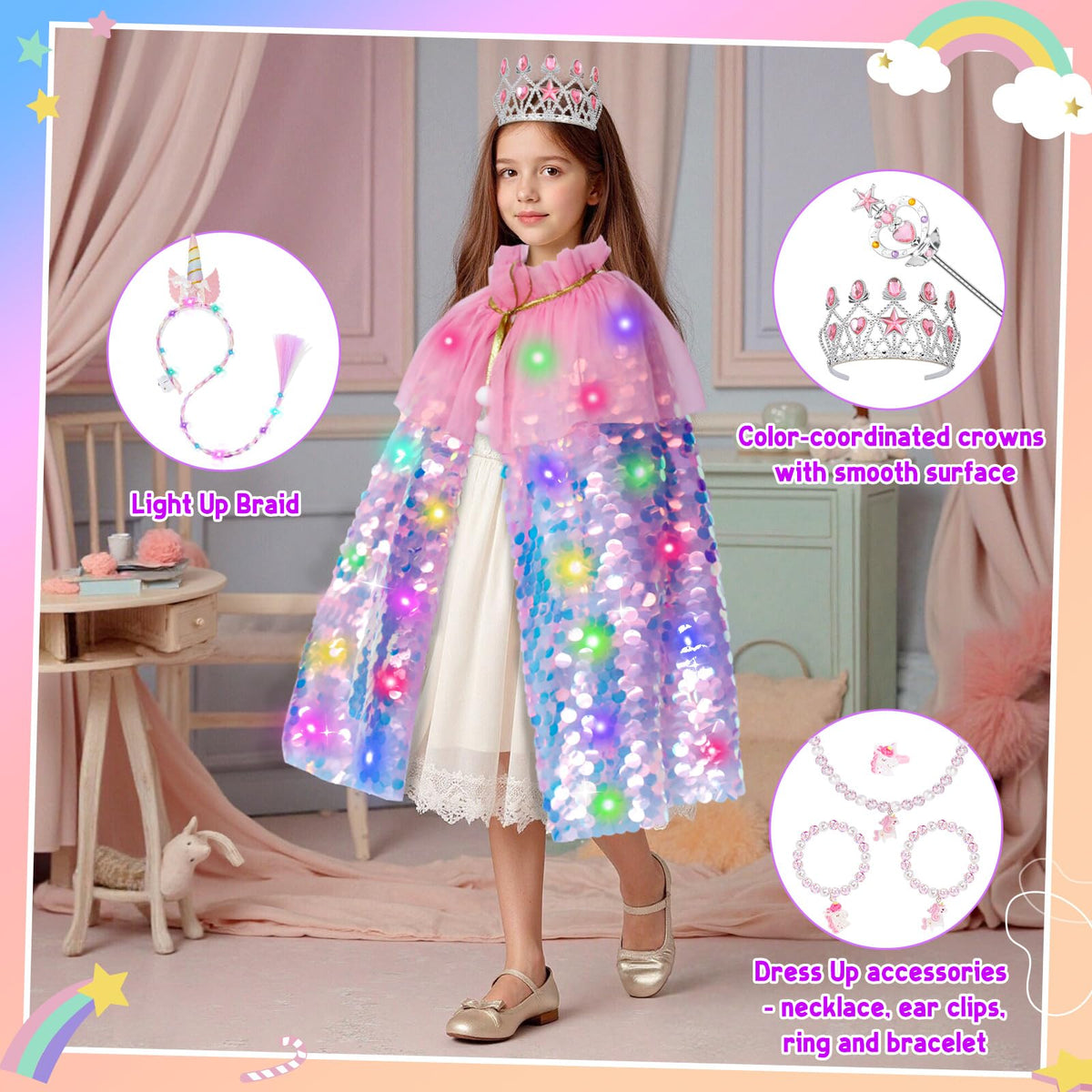 Meland shimmering crown adds radiant royal flair during playtime.