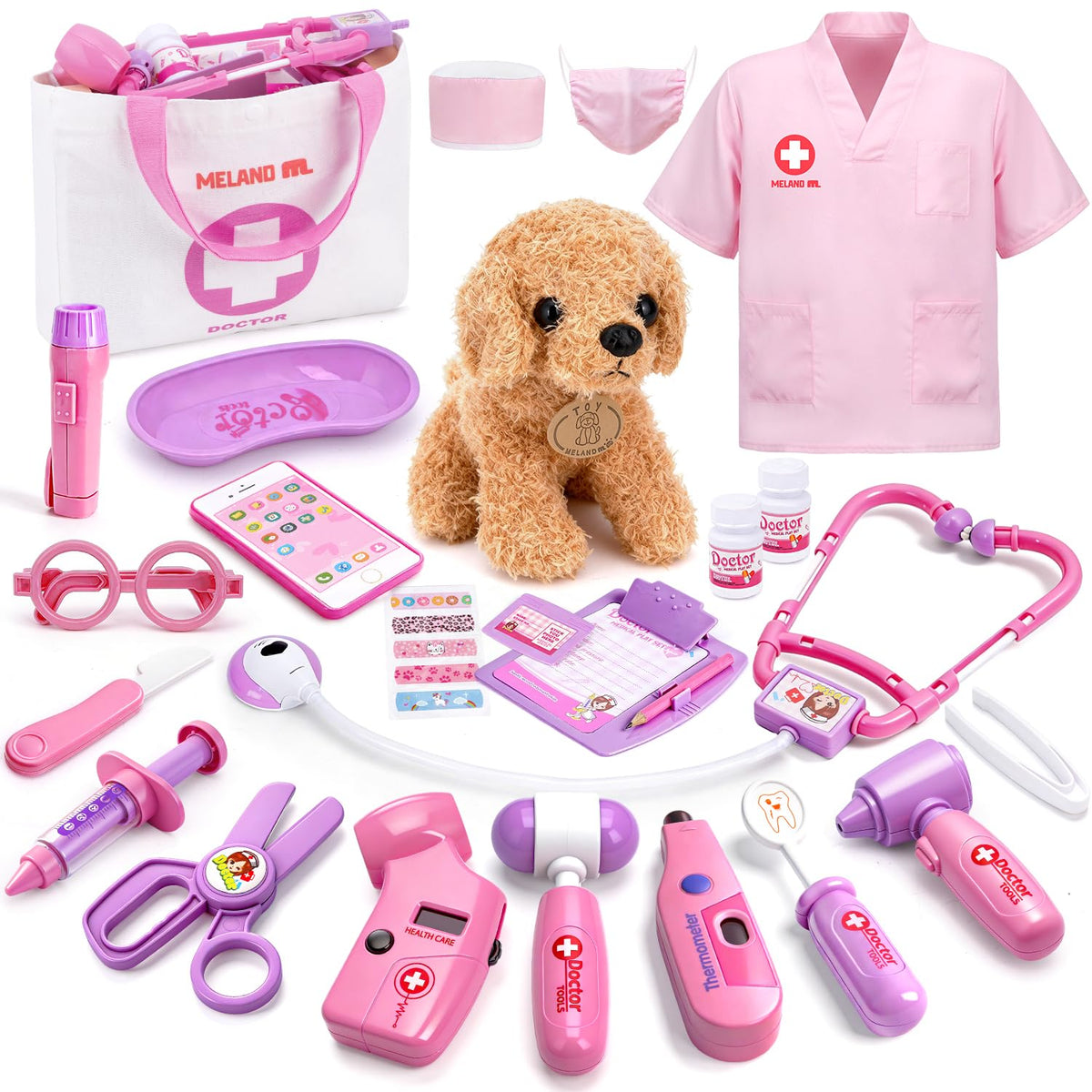 Meland toy doctor kit with dog for imaginative role play and empathy.