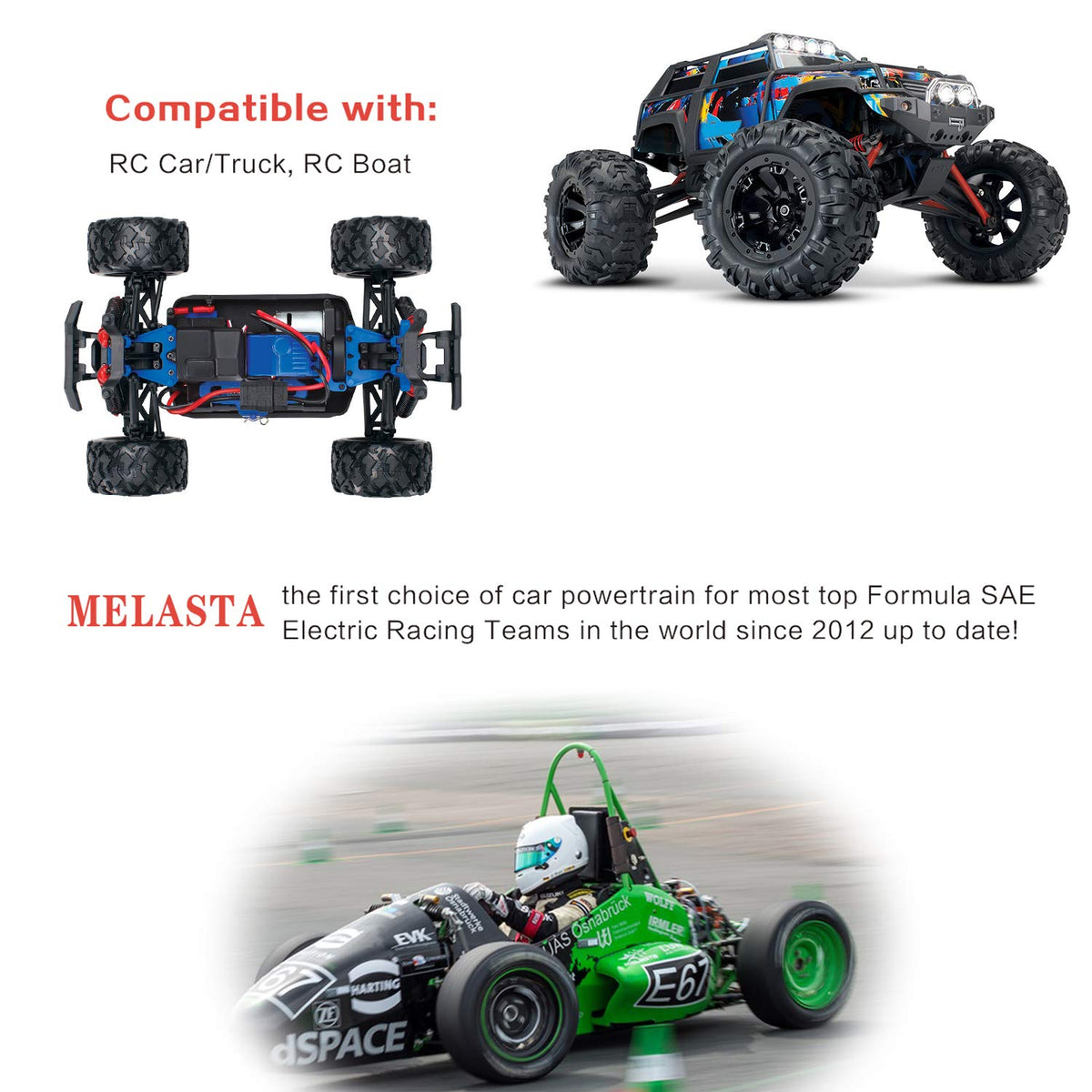 Melasta charging methods image, shows standard and rapid charging options.