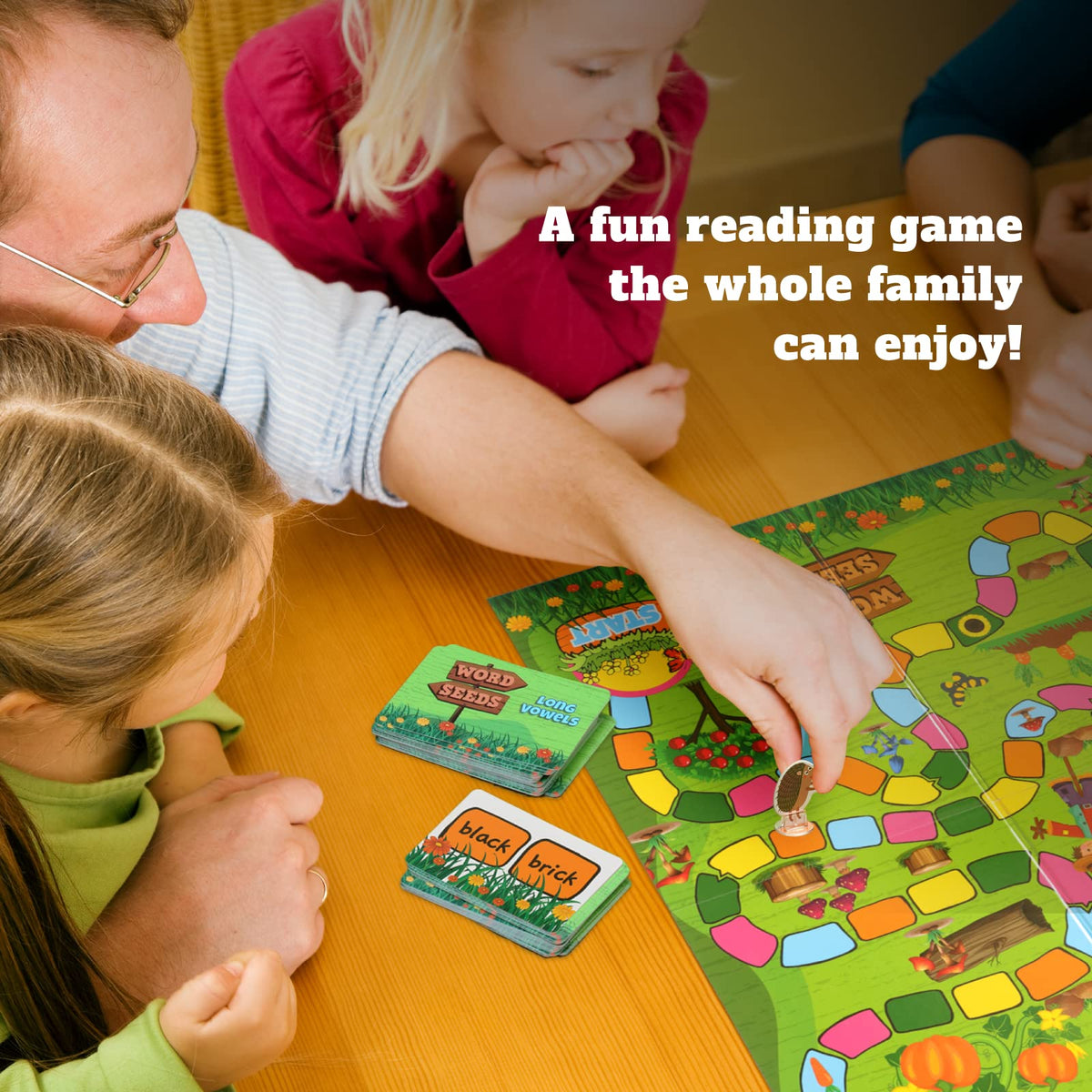 Family game night with Word Seeds encouraging shared reading