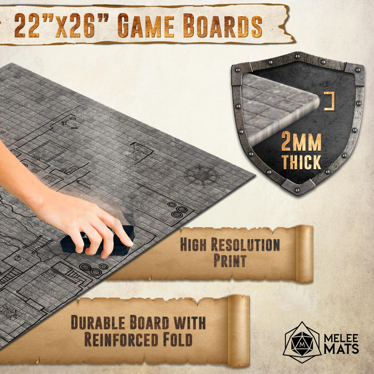 Melee Mats DND cobblestone-design terrain for urban dungeon vibes.