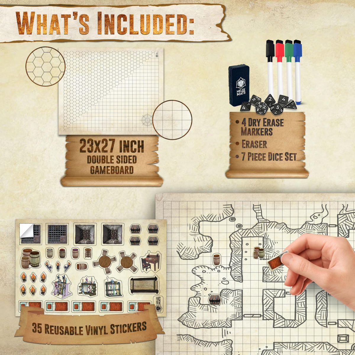 Melee Mats DND Map Starter Set wet-dry erase surface for quick, clean battle sessions.