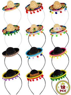 Melisheer 12-pack fabric mini Mexican hats with ball fringe in assorted designs for fiesta decor