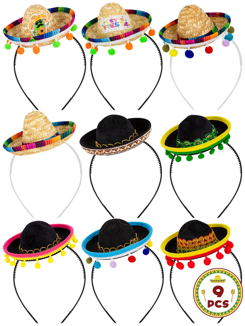 Melisheer mini sombrero headbands with ball fringe for festive costume flair