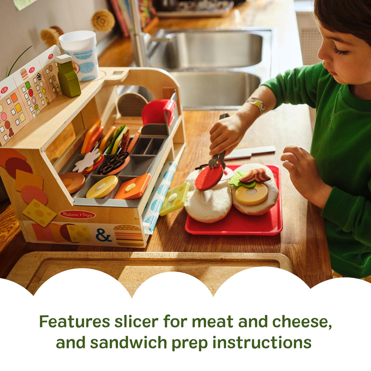 Melissa & Doug deli counter offers open-ended play with built-in storage for clutter-free fun.