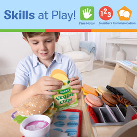 Melissa & Doug double-sided sign provides menu ideas to guide imaginative orders.