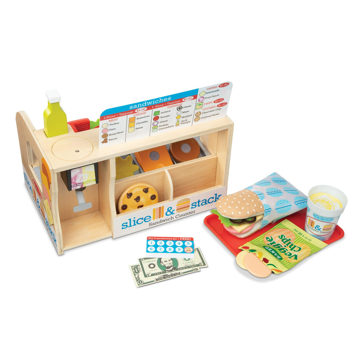 Melissa & Doug Slice-Stack-Serve slicer enables realistic slicing play, building fine motor skills.