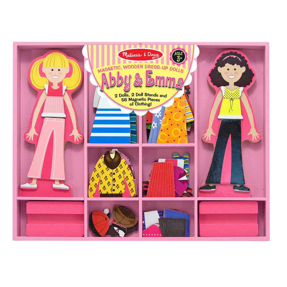 Melissa & Doug Abby & Emma magnetic dress-up dolls with stands for imaginative play.