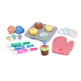 Melissa and Doug Bake and Decorate cupcakes on a wooden tray for pretend baking play.