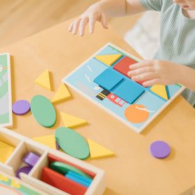 Melissa & Doug Beginner Pattern Blocks city scene board supporting fine motor skills