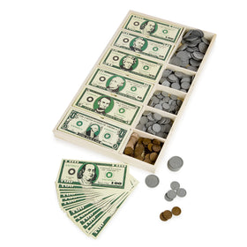 Melissa & Doug drawer compartments labeled with denominations help tidy organization.