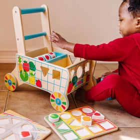 Melissa & Doug blocks in circle, triangle, square for sorting and problem solving.