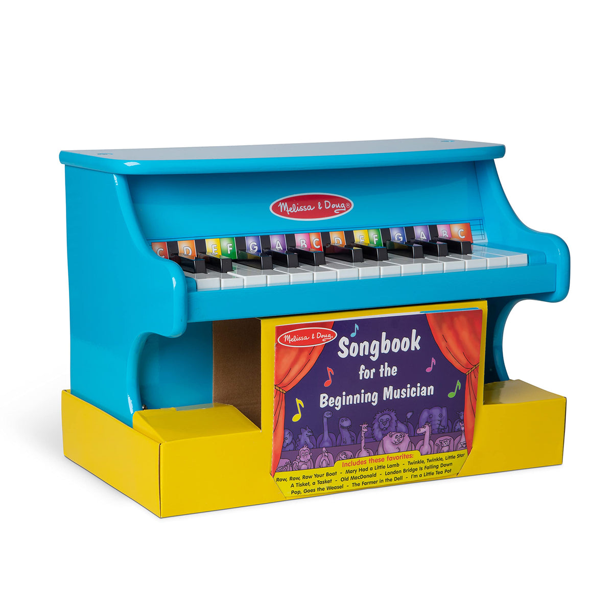 Melissa & Doug blue piano illustrated songbook pages shown for practice.