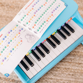 Melissa & Doug blue piano side view showcasing sturdy wood construction.
