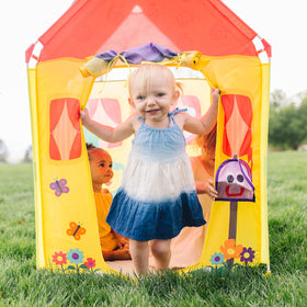 Melissa & Doug Blue's House Tent mailbox flap opens to reveal a postcard for pretend mail