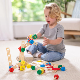 Melissa & Doug crane building guide on the box helps kids plan projects