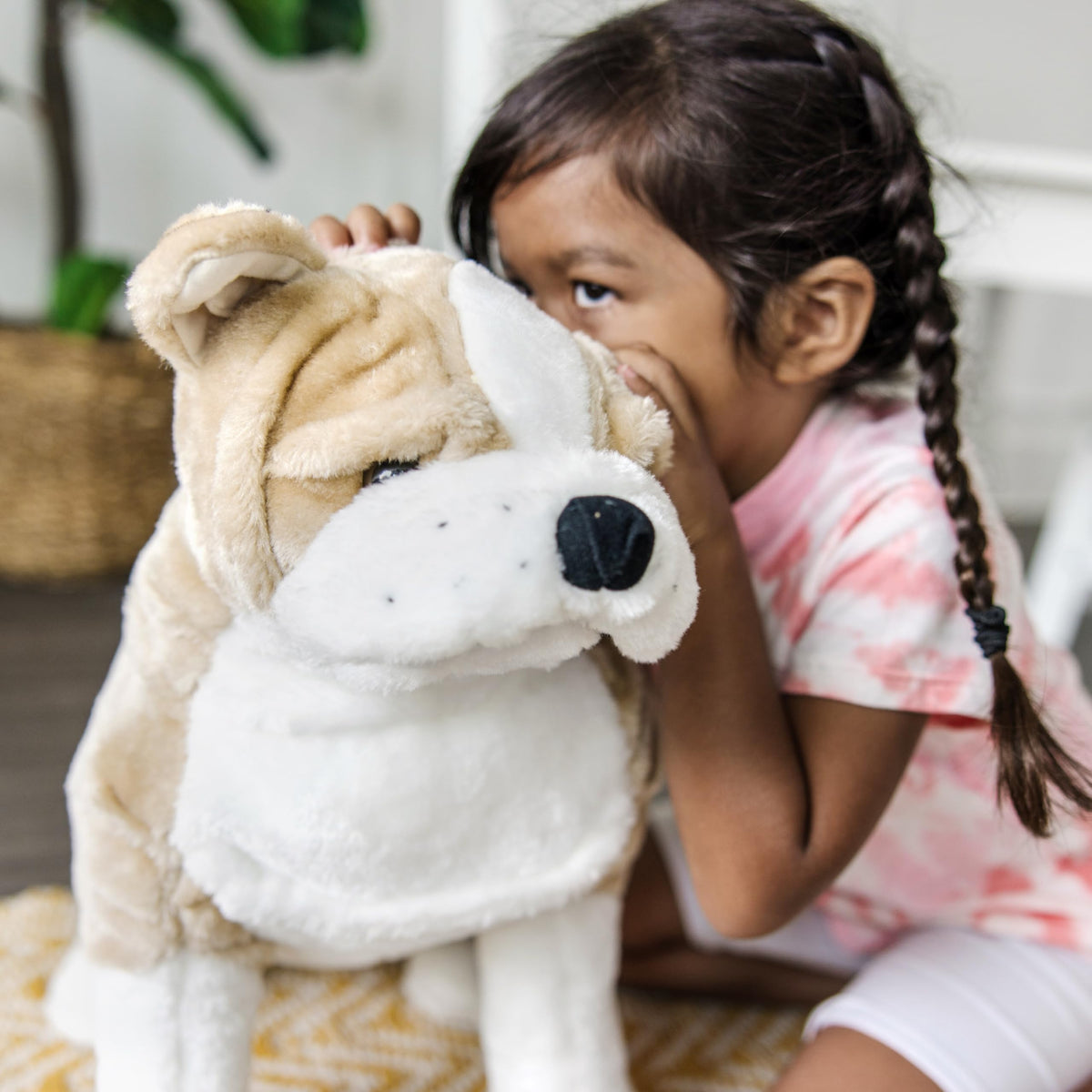 Melissa &amp; Doug bulldog sitting posture supports upright display during imaginative play.