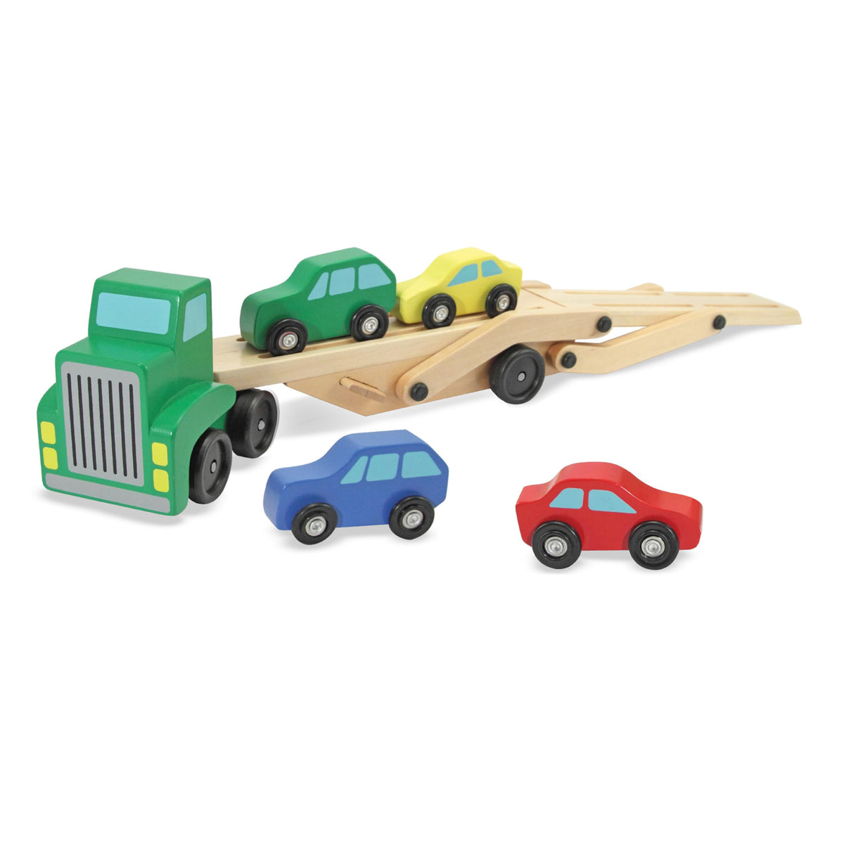 Melissa and Doug wooden cars in bright colors ready for color sorting play.