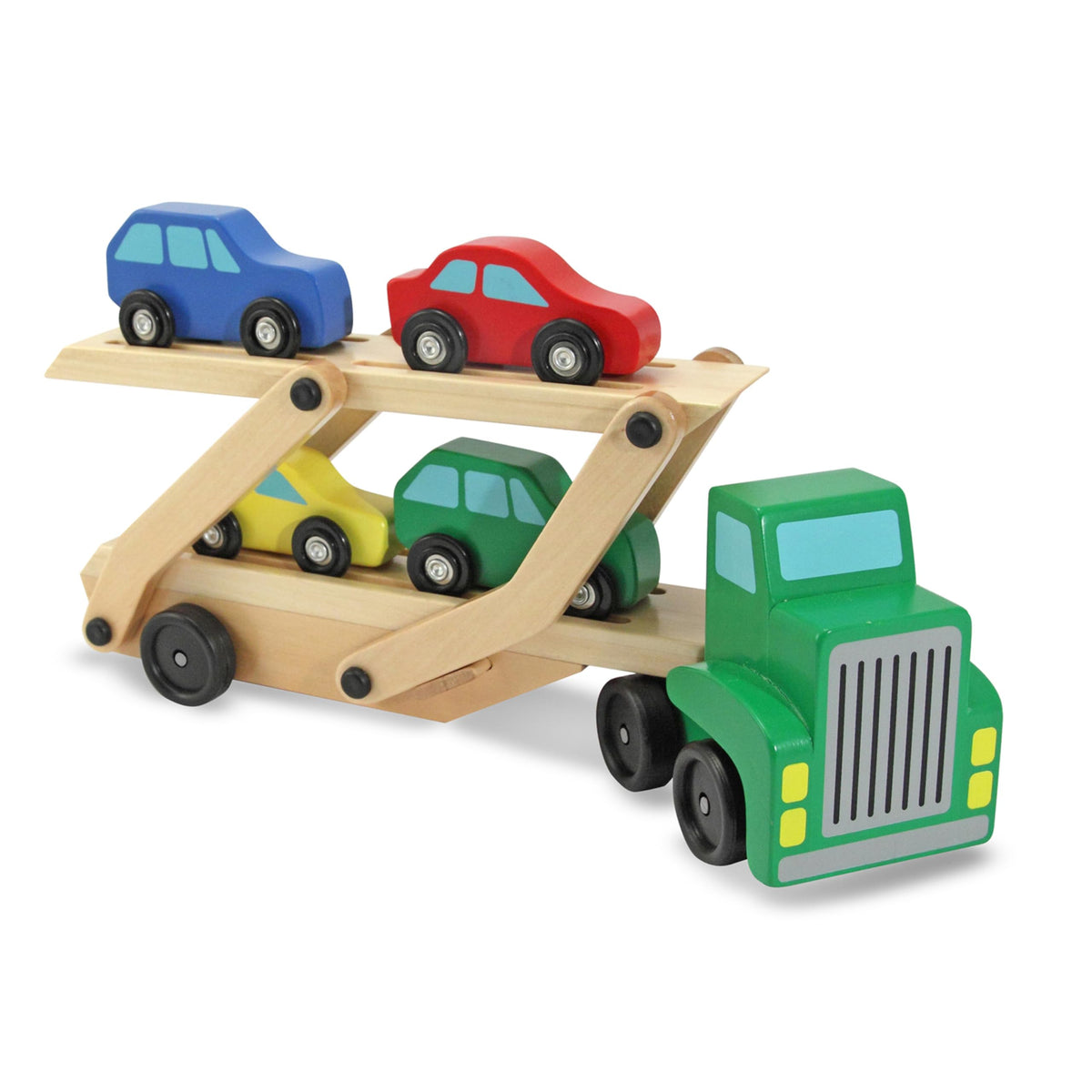 Melissa and Doug car carrier truck side view with two-level ramp for imaginative play.