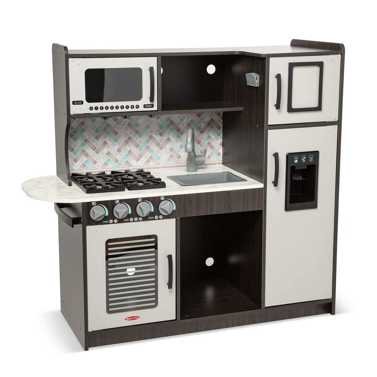 Melissa & Doug chef's kitchen ice dispenser in action for imaginative play.