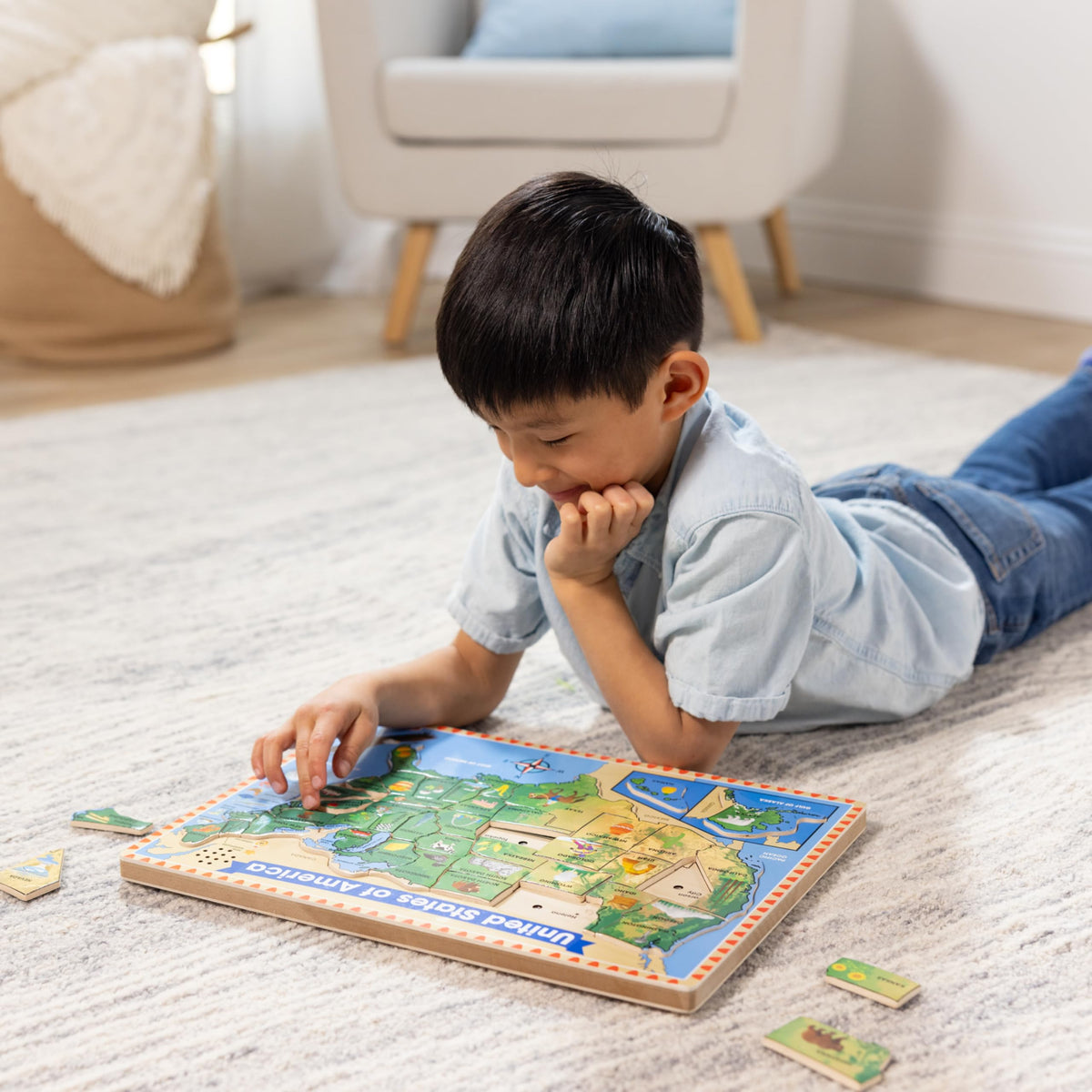 Melissa & Doug child playing the educational puzzle for screen-free learning.