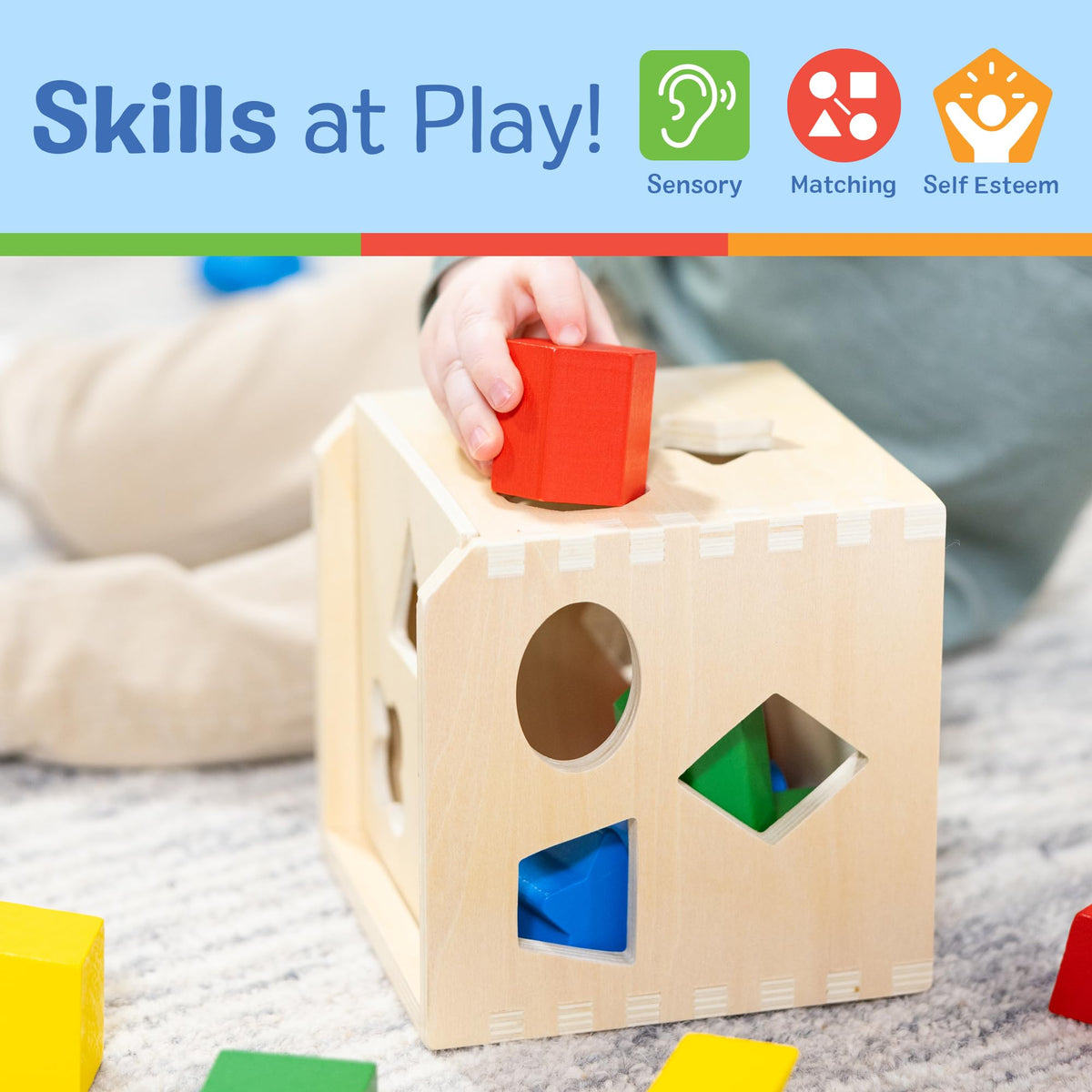 Colorful shapes in the Melissa & Doug cube invite sorting by color or shape.