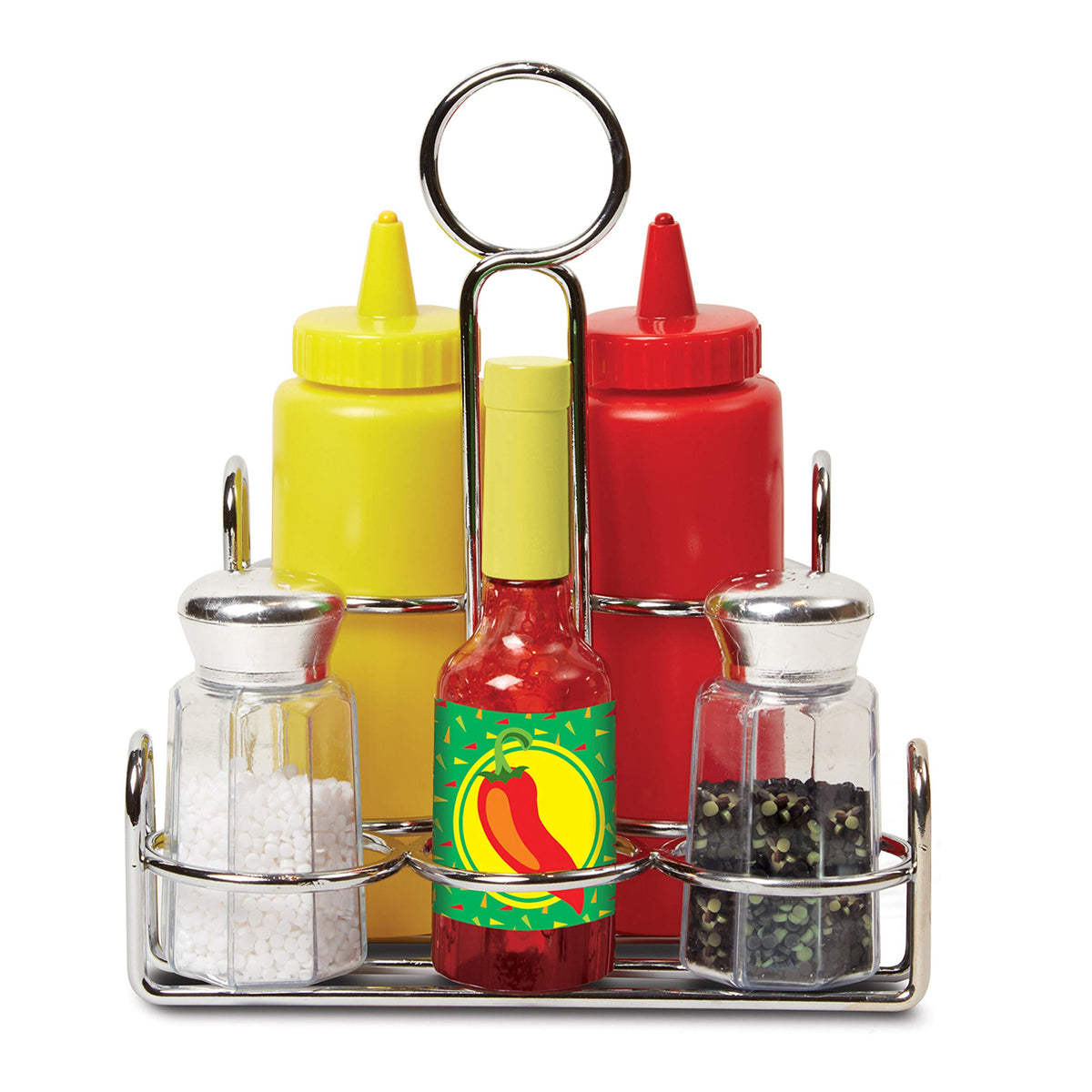 Condiments in a metal caddy keep play organized and portable