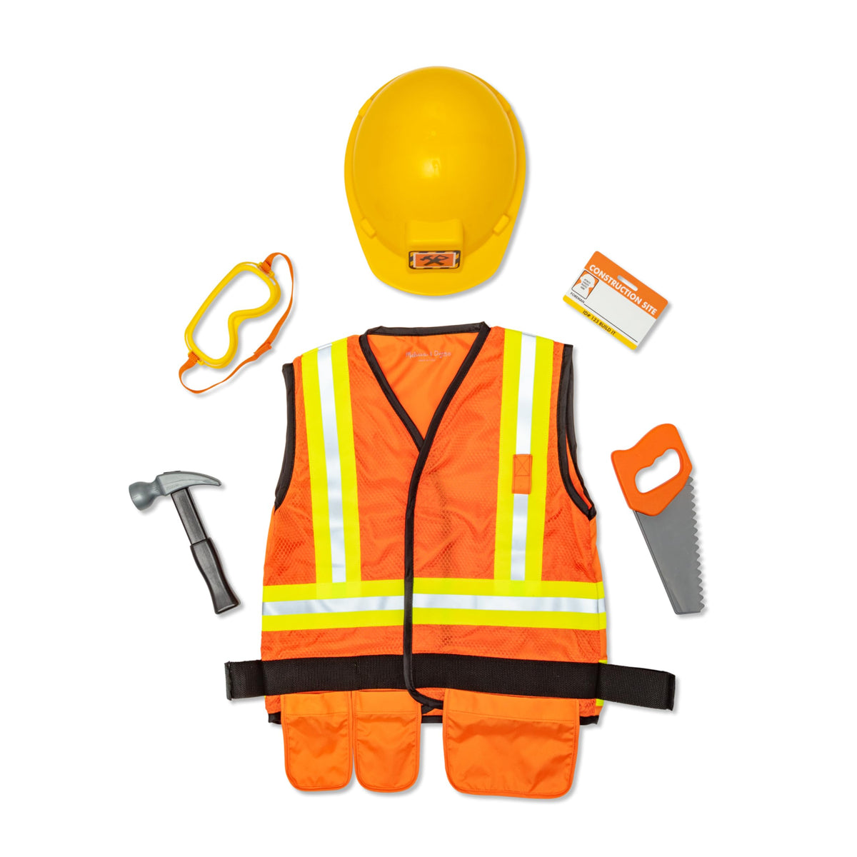 Melissa & Doug Construction Costume vest worn by a child during pretend play.