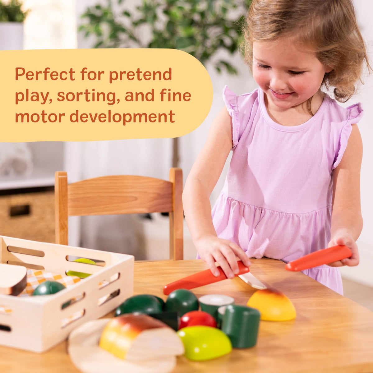 Melissa & Doug Cutting Food colorful-toy-food-pieces support color recognition and motor play.