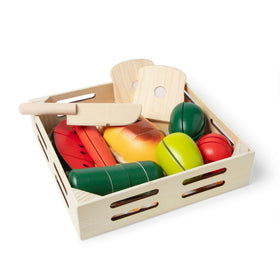 Melissa & Doug Cutting Food wooden cutting board and knife for safe pretend slicing.