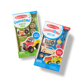 Decorated vehicles shown in Melissa & Doug kit encourage screen-free play.