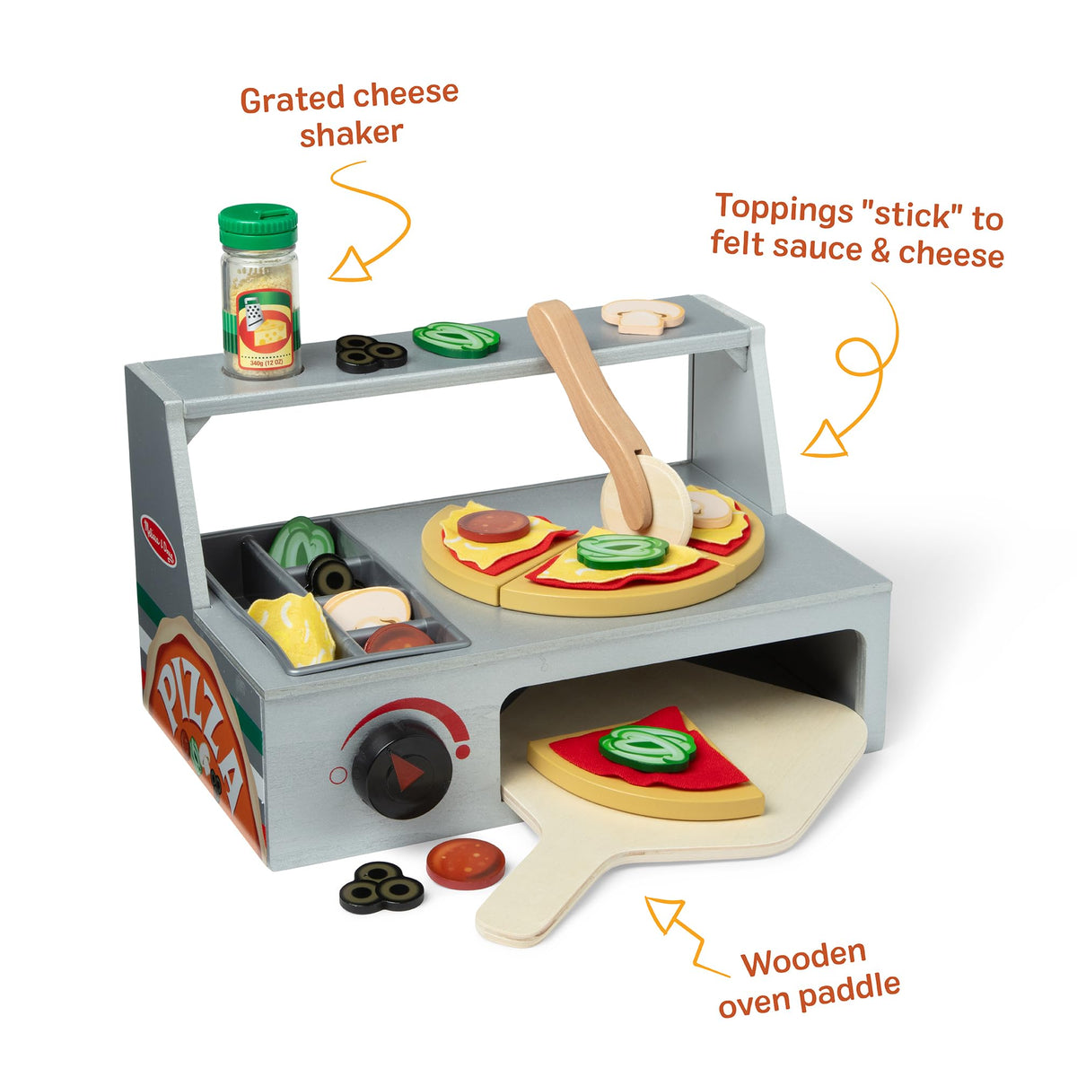 Melissa & Doug delivery box and pizza box for realistic pretend food service scenarios.