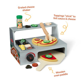 Melissa & Doug delivery box and pizza box for realistic pretend food service scenarios.